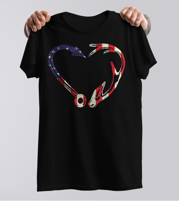 Heart Fishing American Flag Hooks Elk Deer Hunter Antler T-Shirt
