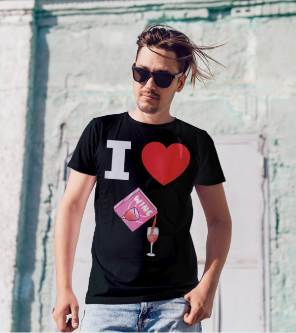 I Love Wine Box Pouring Into Glass Heart T-Shirt