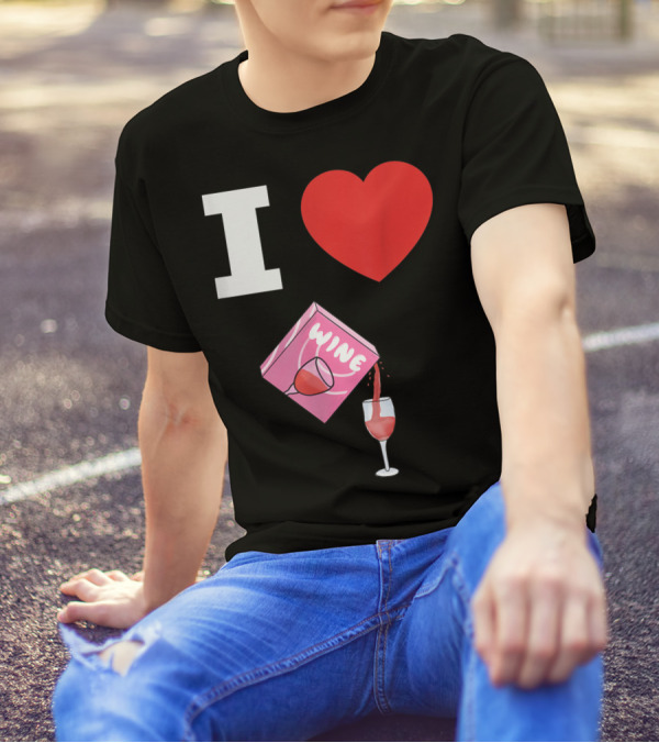 I Love Wine Box Pouring Into Glass Heart T-Shirt