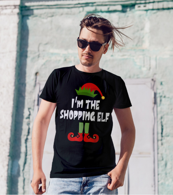 I'm The Shopping Elf Christmas Elf Green Hat Red Shoes Holiday Spirit T-Shirt