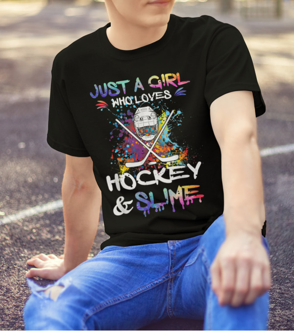 Just A Girl Who Loves Hockey And Slime With Colorful Hockey Mask And Crossed Sticks T-Shirt