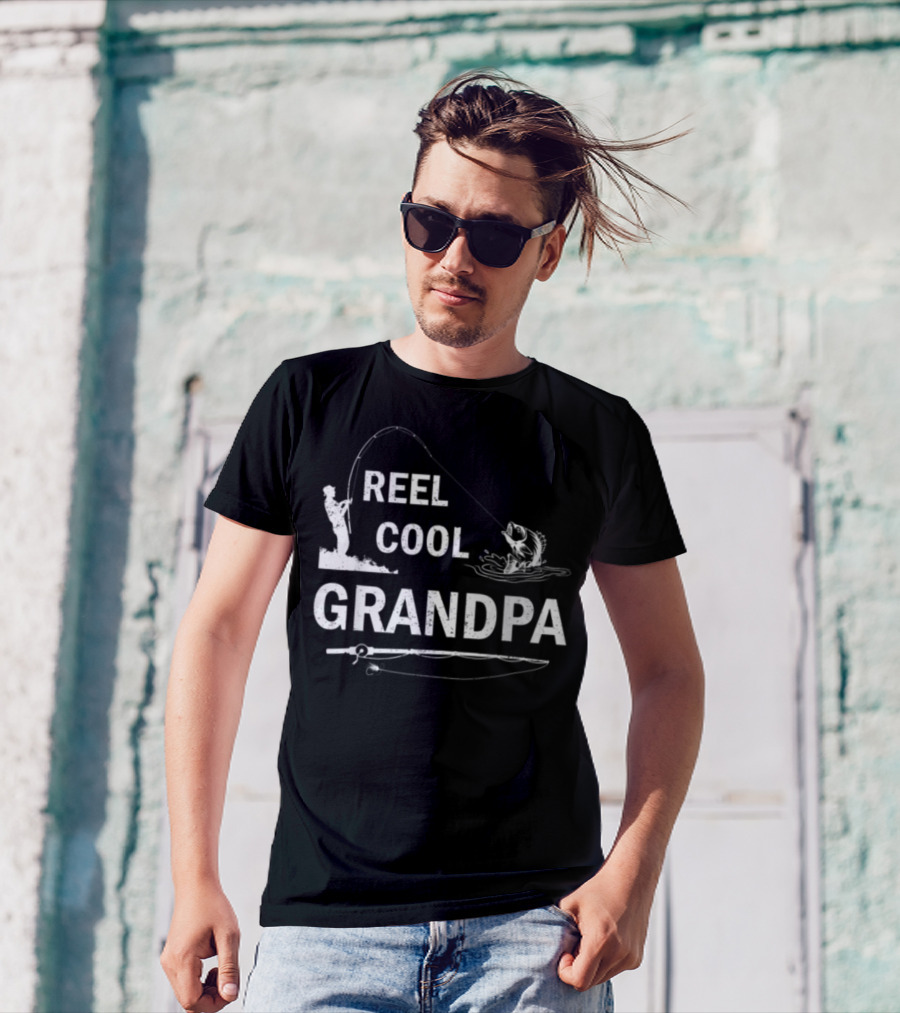 Reel Cool Grandpa Fishing Silhouette With Rod And Fish T-Shirt