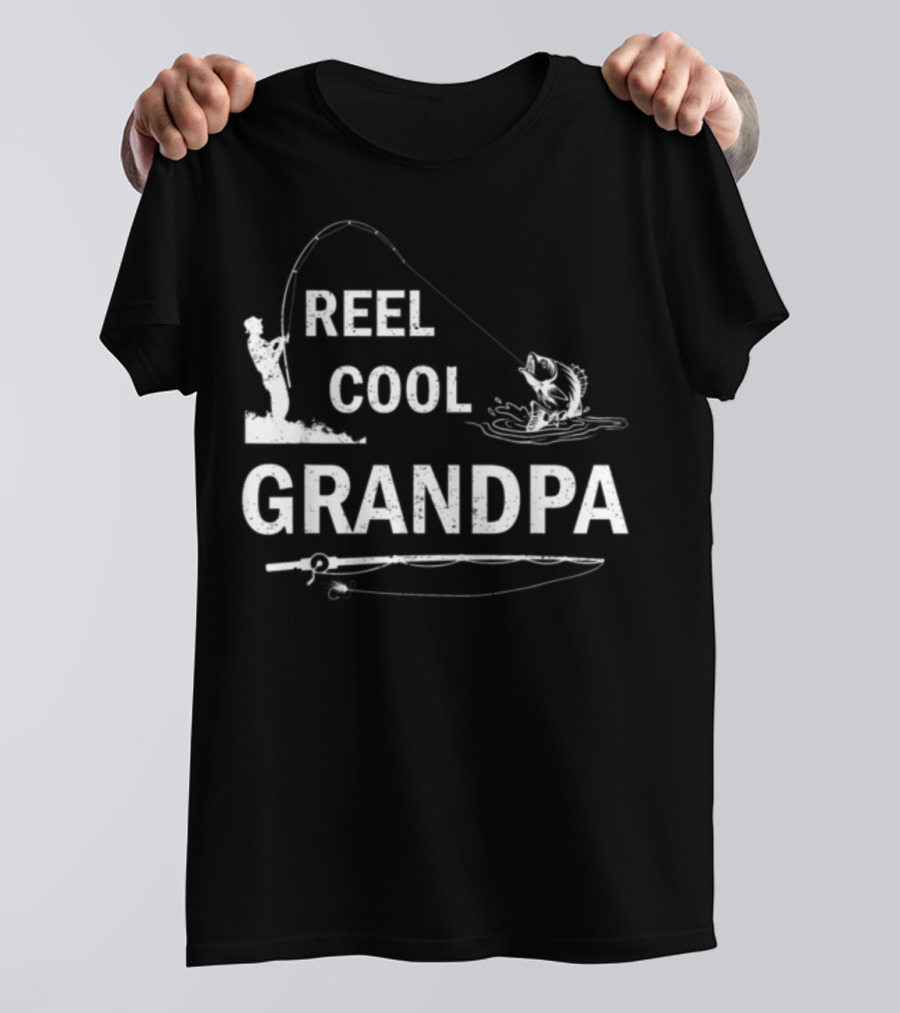 Reel Cool Grandpa Fishing Silhouette With Rod And Fish T-Shirt