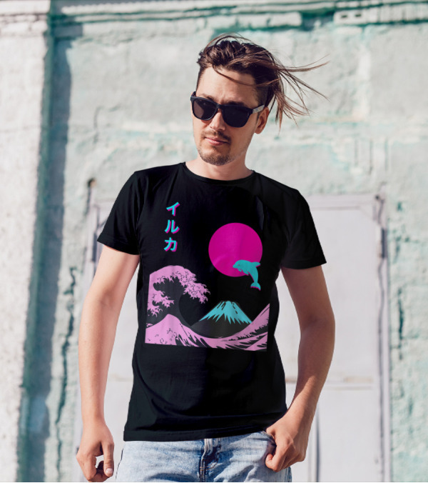 Retro Aesthetic Iruka Dolphin With Japanese Writing And Mount Fuji In Neon Colors T-Shirt