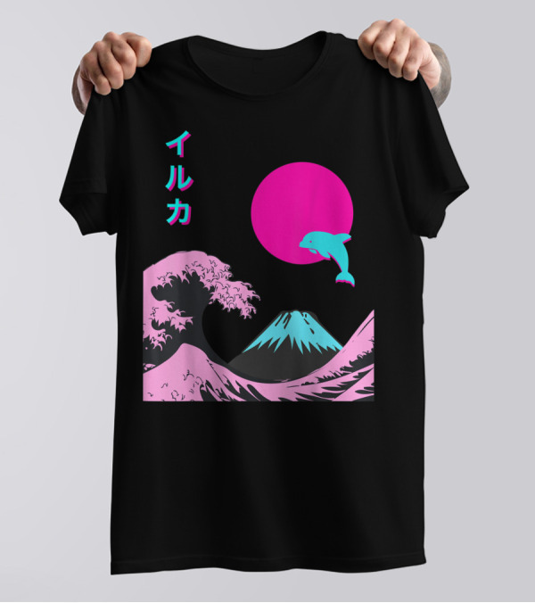 Retro Aesthetic Iruka Dolphin With Japanese Writing And Mount Fuji In Neon Colors T-Shirt