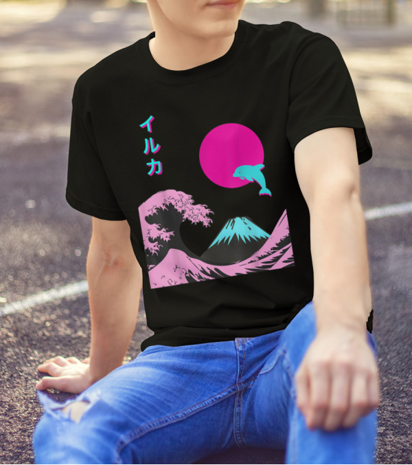 Retro Aesthetic Iruka Dolphin With Japanese Writing And Mount Fuji In Neon Colors T-Shirt
