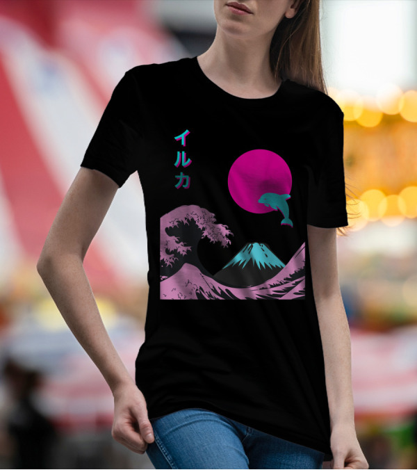 Retro Aesthetic Iruka Dolphin With Japanese Writing And Mount Fuji In Neon Colors T-Shirt