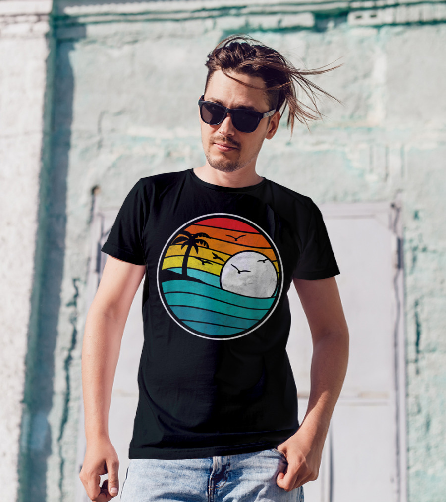 Retro Eighties Beach Sunset Surf Palm Waves T-Shirt