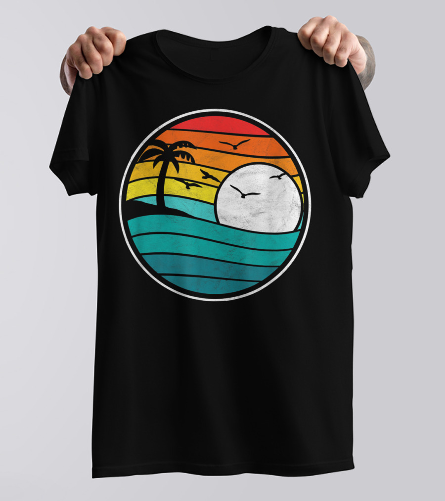 Retro Eighties Beach Sunset Surf Palm Waves T-Shirt