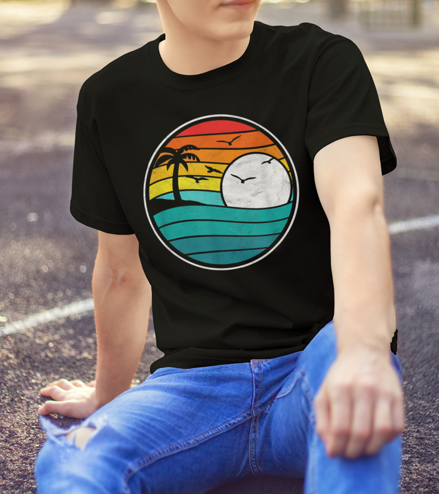Retro Eighties Beach Sunset Surf Palm Waves T-Shirt