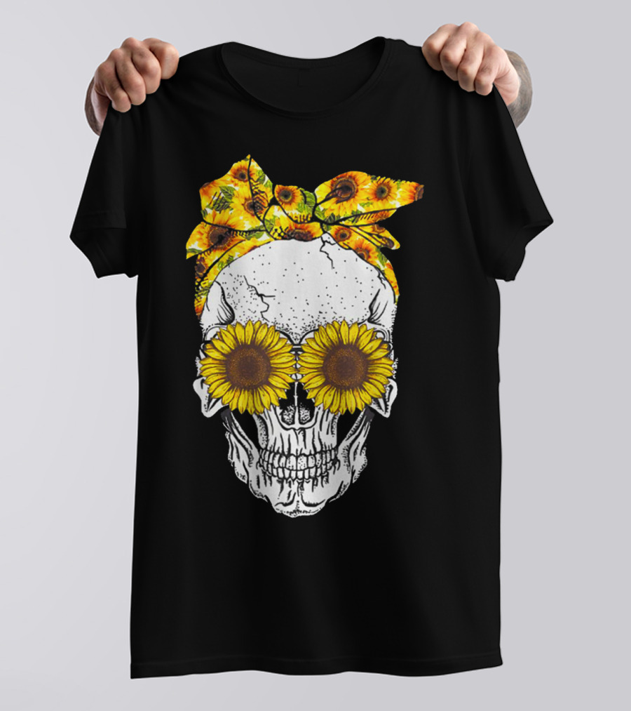 Skull With Sunflower Glasses And Floral Headband T-Shirt