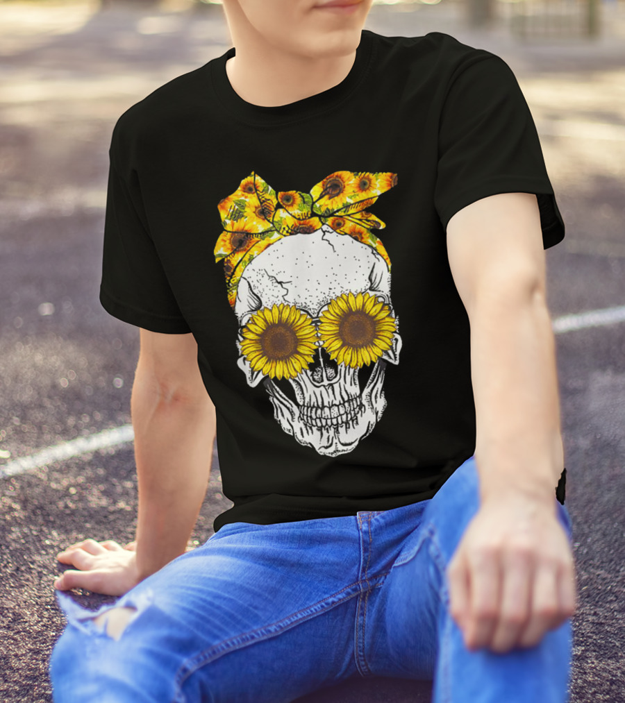Skull With Sunflower Glasses And Floral Headband T-Shirt