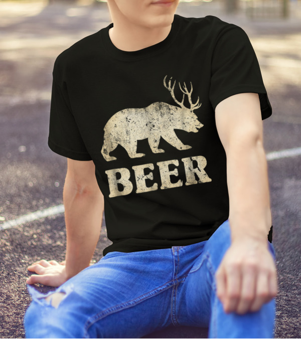 Vintage Bear Deer Beer Funny Retro Mashup T-Shirt