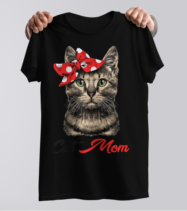 Cat Mom For Cat Lovers With Polka Dot Bow T-Shirt
