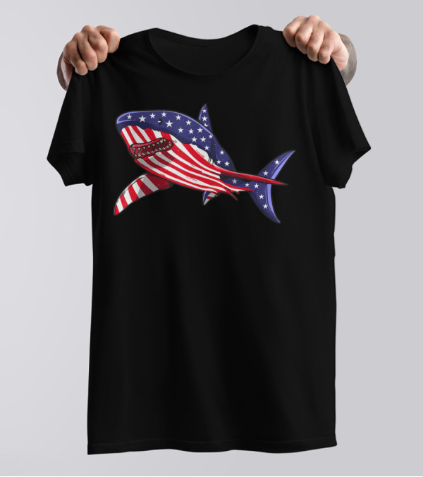 Shark American Flag Jawsome 4th Of July Patriotic Predator T-Shirt