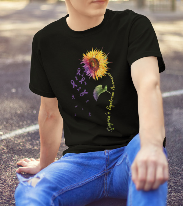 Sjogren's Syndrome Awareness Sunflower With Purple Ribbons T-Shirt
