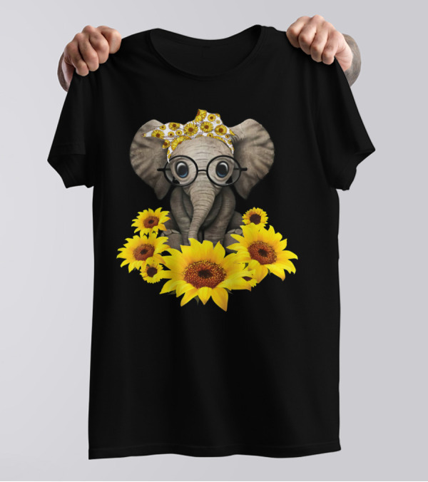 Sunflower Elephant For Woman Who Loves Elephant With Glasses And Floral Headband T-Shirt
