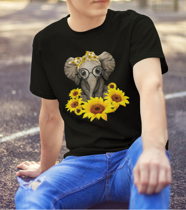 Sunflower Elephant For Woman Who Loves Elephant With Glasses And Floral Headband T-Shirt