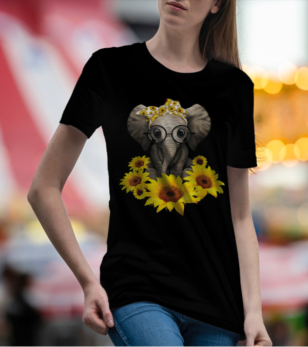 Sunflower Elephant For Woman Who Loves Elephant With Glasses And Floral Headband T-Shirt