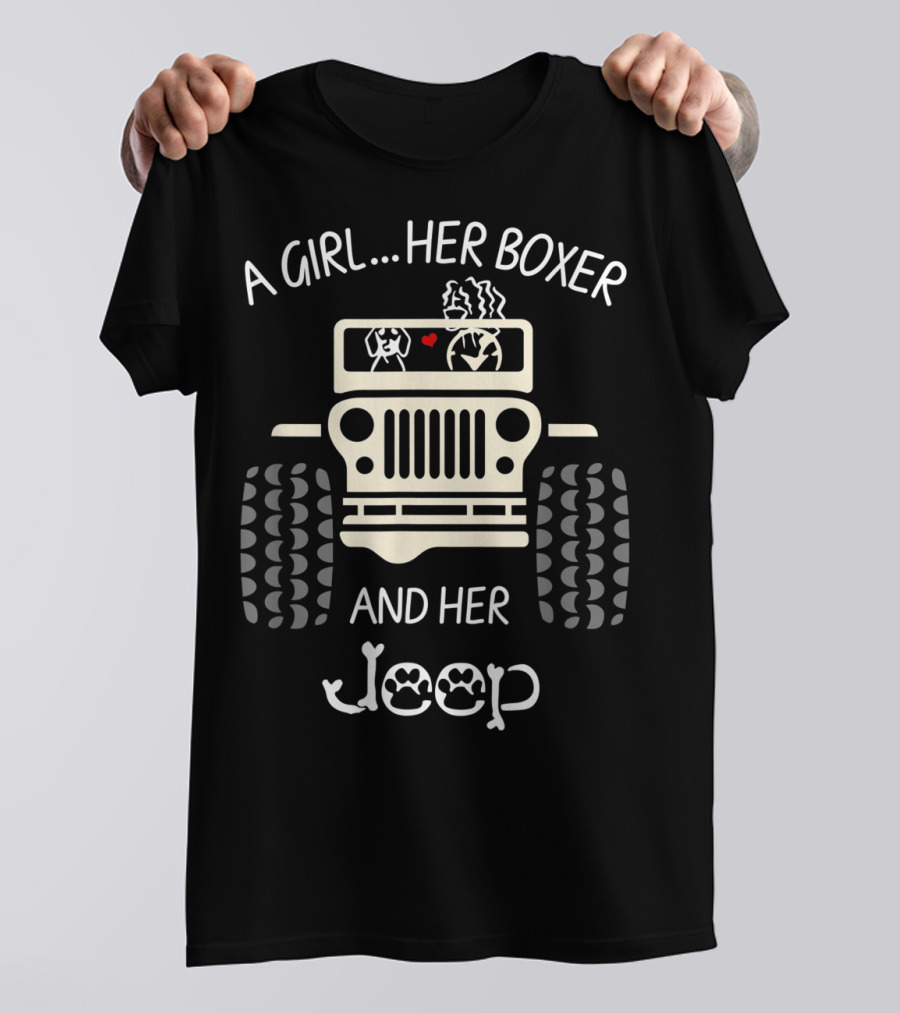 A Girl Her Boxer And Her Jeep Tire Tracks Dog Heart T-Shirt