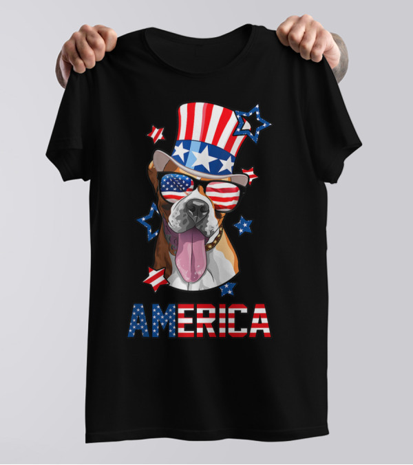 America Boxer Dog USA Flag Patriotic 4th Of July Mens Womens Owner T-Shirt