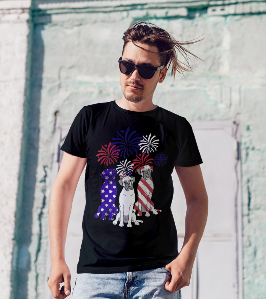 American Flag Boxer Dog Trio With Fireworks 4th Of July T-Shirt