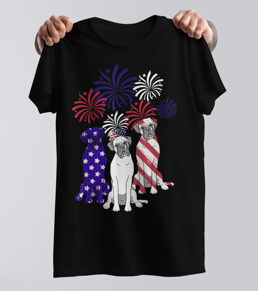 American Flag Boxer Dog Trio With Fireworks 4th Of July T-Shirt