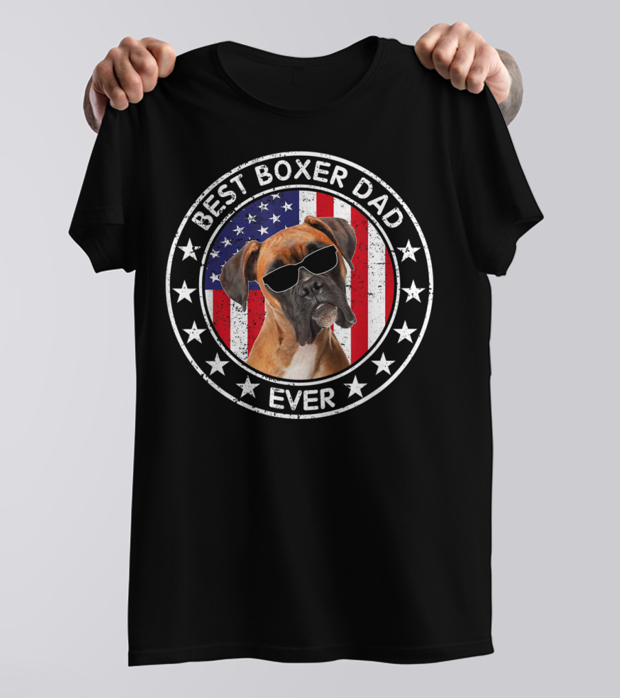 Best Boxer Dad Ever American Flag With Cool Sunglasses Dog T-Shirt