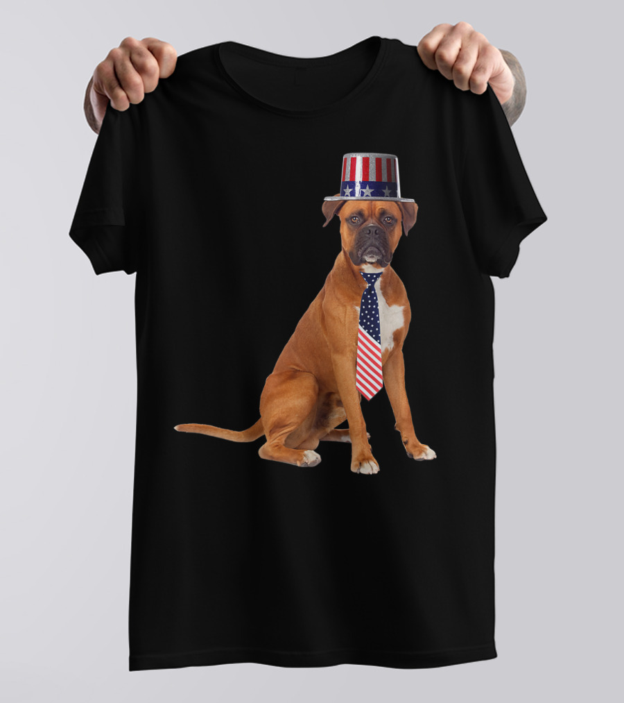 Boxer Dog In American Flag Top Hat And Tie For 4th Of July T-Shirt