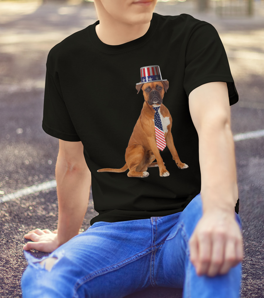 Boxer Dog In American Flag Top Hat And Tie For 4th Of July T-Shirt