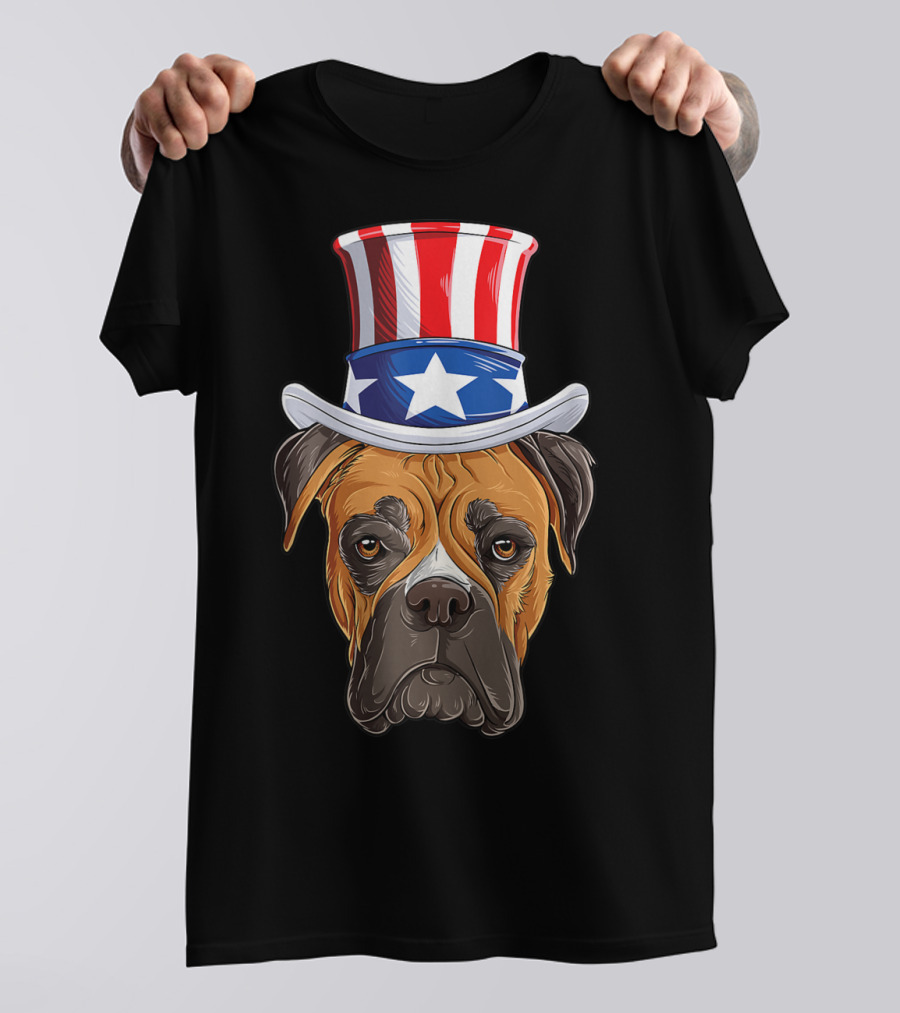 Boxer Dog Uncle Sam Hat 4th Of July USA America Flag T-Shirt