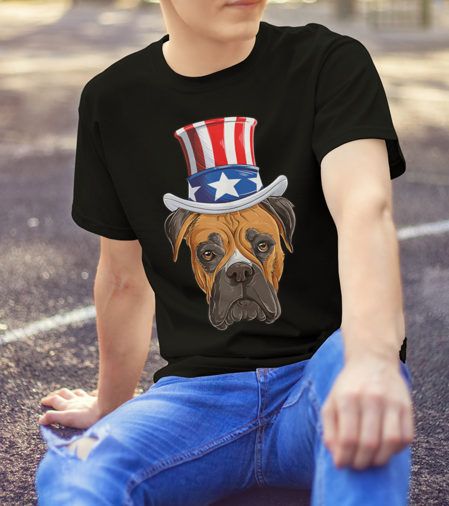 Boxer Dog Uncle Sam Hat 4th Of July USA America Flag T-Shirt