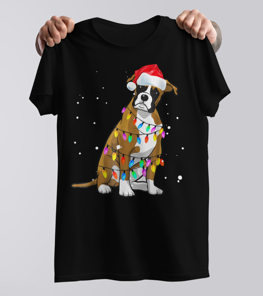 Boxer Dog Wrapped In Christmas Lights Wearing Santa Hat T-Shirt