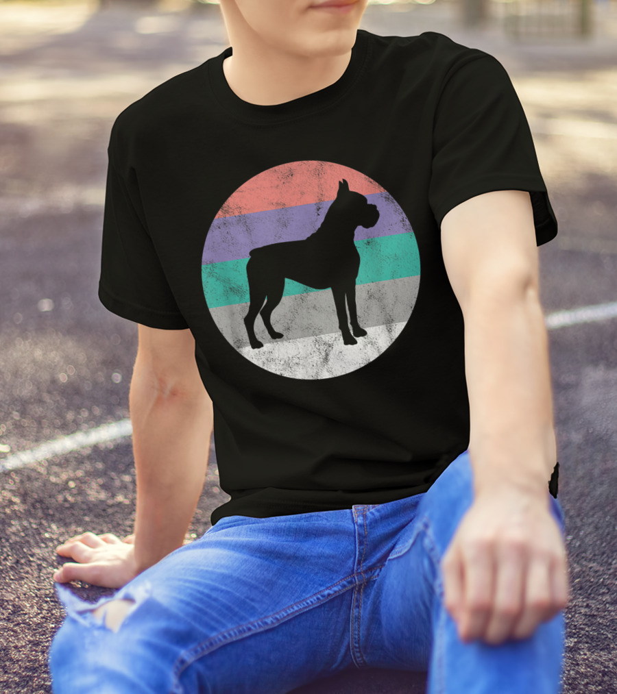 Boxer Dog Silhouette With Striped Circle Retro T-Shirt