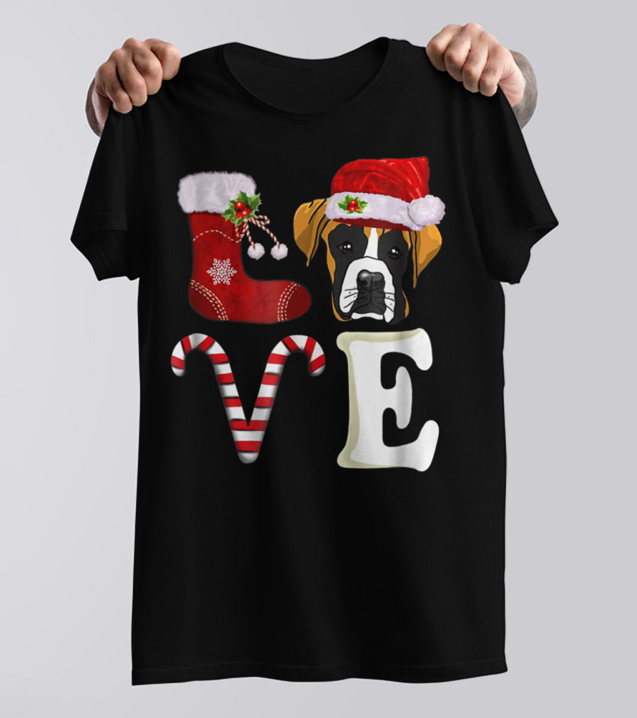 Boxer Dog Love Christmas Light With Santa Hat And Candy Cane T-Shirt