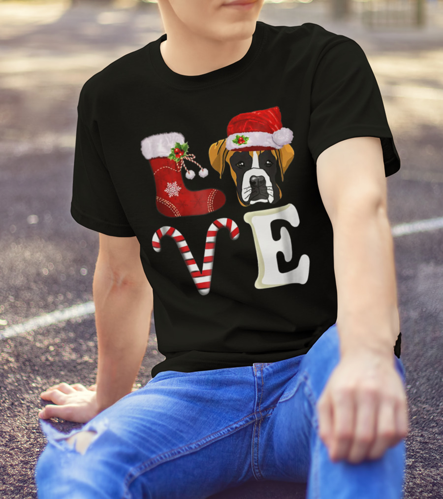 Boxer Dog Love Christmas Light With Santa Hat And Candy Cane T-Shirt