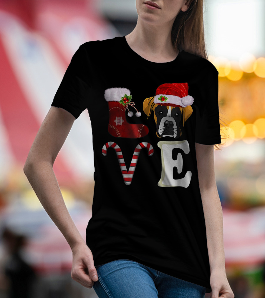Boxer Dog Love Christmas Light With Santa Hat And Candy Cane T-Shirt