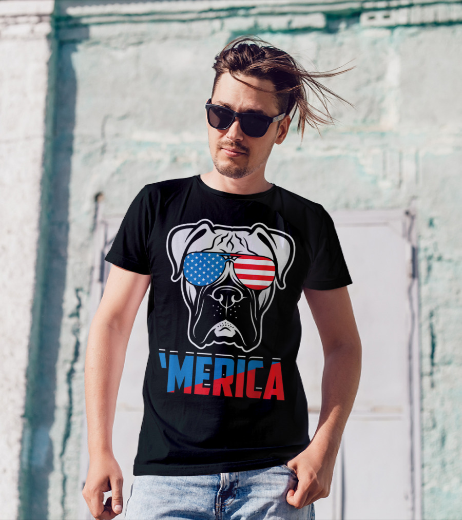 Boxer Dog In American Flag Sunglasses 'Merica Patriot T-Shirt