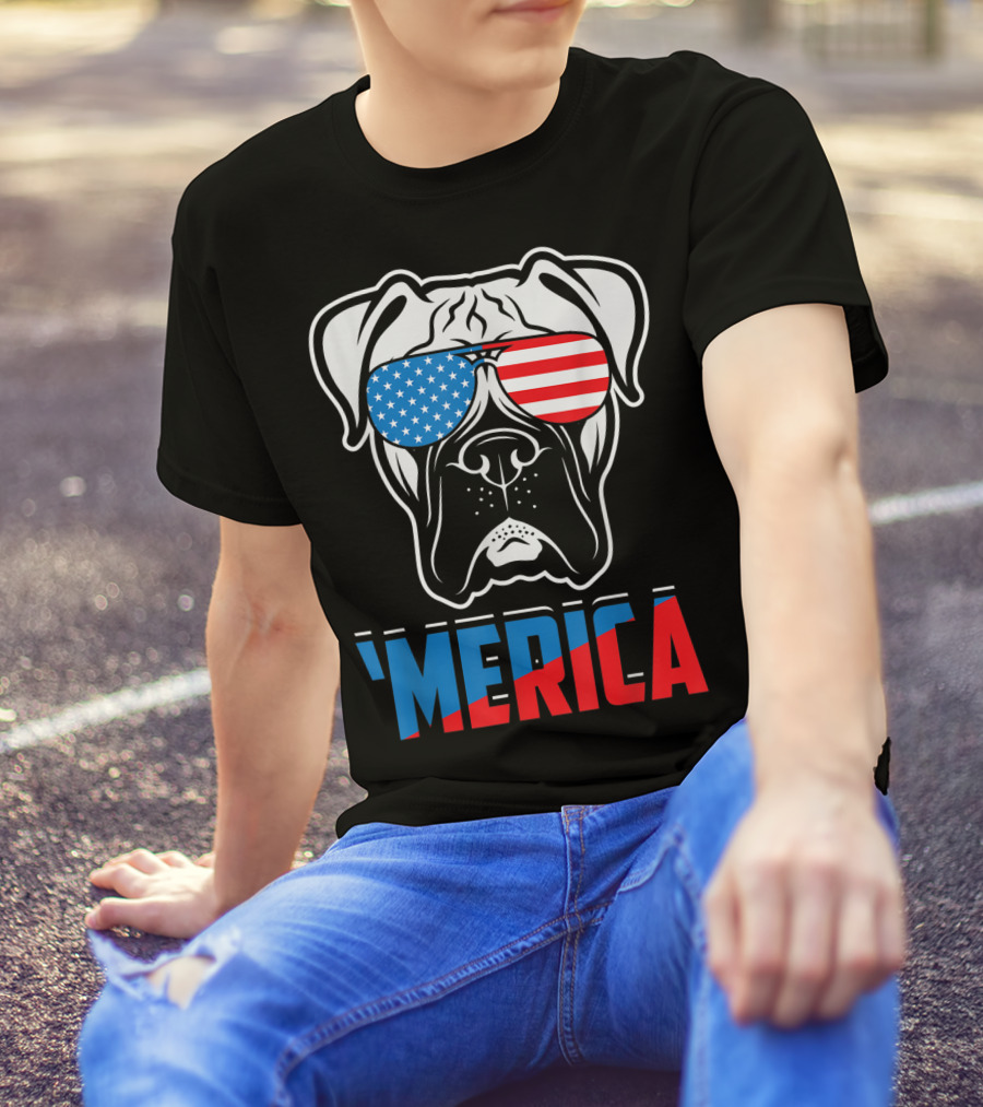 Boxer Dog In American Flag Sunglasses 'Merica Patriot T-Shirt