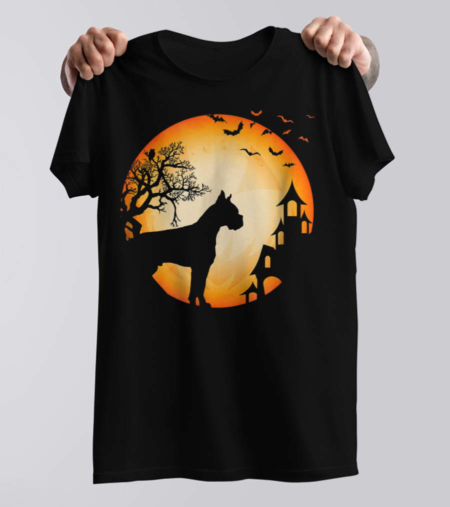 Scary Boxer Dog Halloween Moon With Bats And Haunted House Scene T-Shirt
