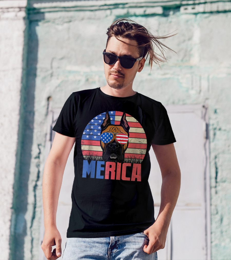 Merica Boxer Dog With USA Flag Sunglasses 4th Of July Puppy T-Shirt