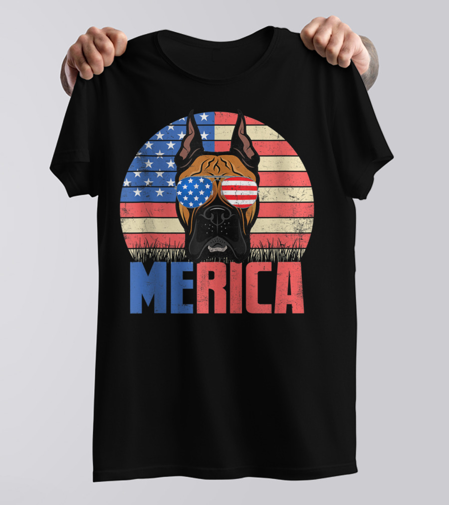 Merica Boxer Dog With USA Flag Sunglasses 4th Of July Puppy T-Shirt