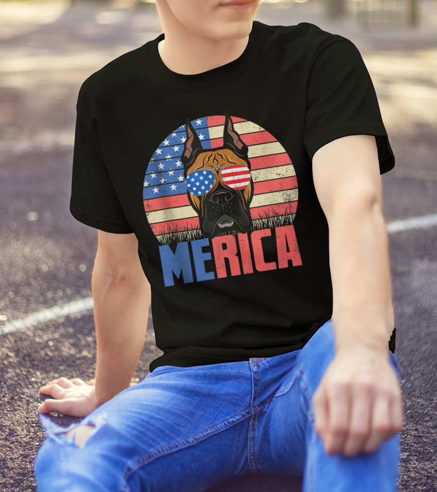 Merica Boxer Dog With USA Flag Sunglasses 4th Of July Puppy T-Shirt