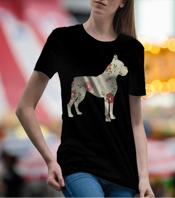 Cute Boxer Vintage Floral Dog Flower T-Shirt