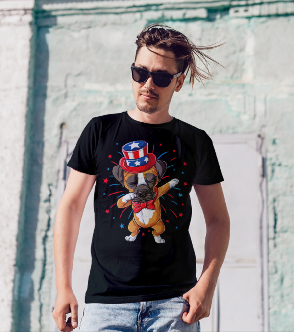 Dabbing Boxer Dog Uncle Sam Hat 4th Of July USA American Flag T-Shirt