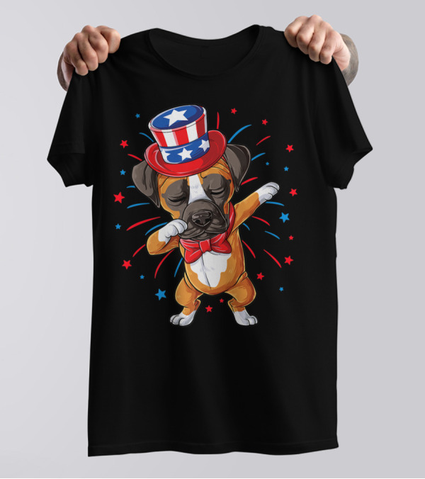 Dabbing Boxer Dog Uncle Sam Hat 4th Of July USA American Flag T-Shirt