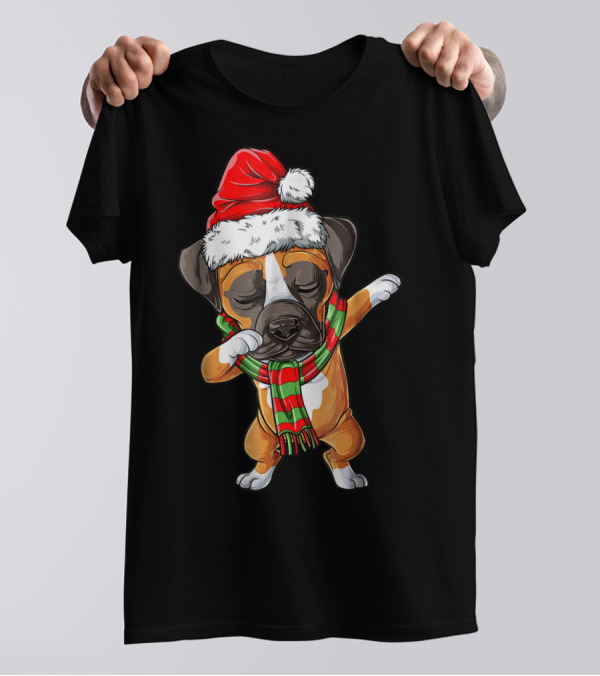 Dabbing Boxer Dog In Santa Hat With Christmas Scarf T-Shirt