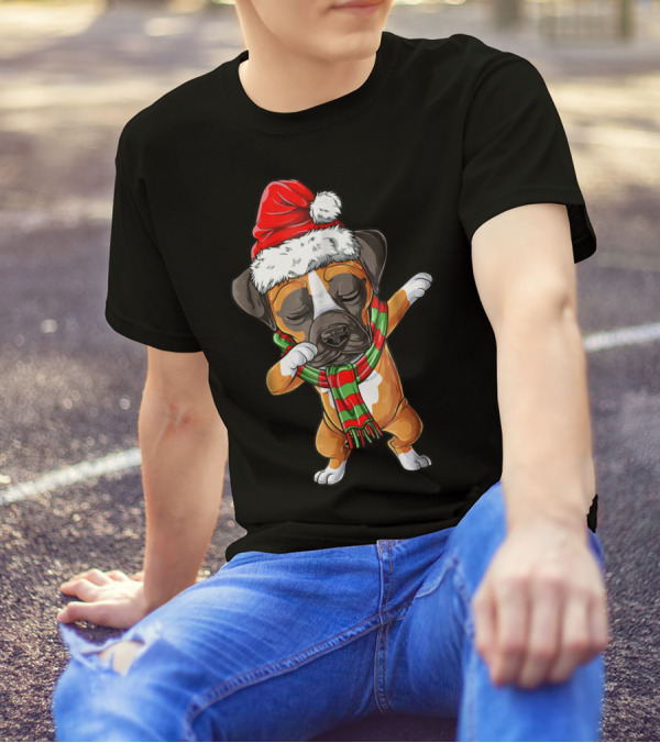 Dabbing Boxer Dog In Santa Hat With Christmas Scarf T-Shirt