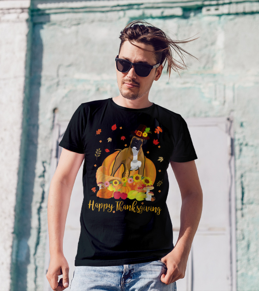 Thanksgiving Boxer Dog With Pilgrim Hat And Harvest Feast T-Shirt