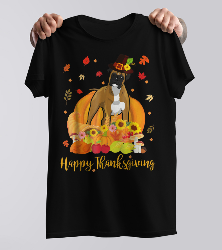 Thanksgiving Boxer Dog With Pilgrim Hat And Harvest Feast T-Shirt